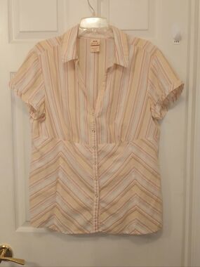 Faded Glory Snap Front Stretch Blouse Size 16W Pastel Stripe Chevron Peplum Top